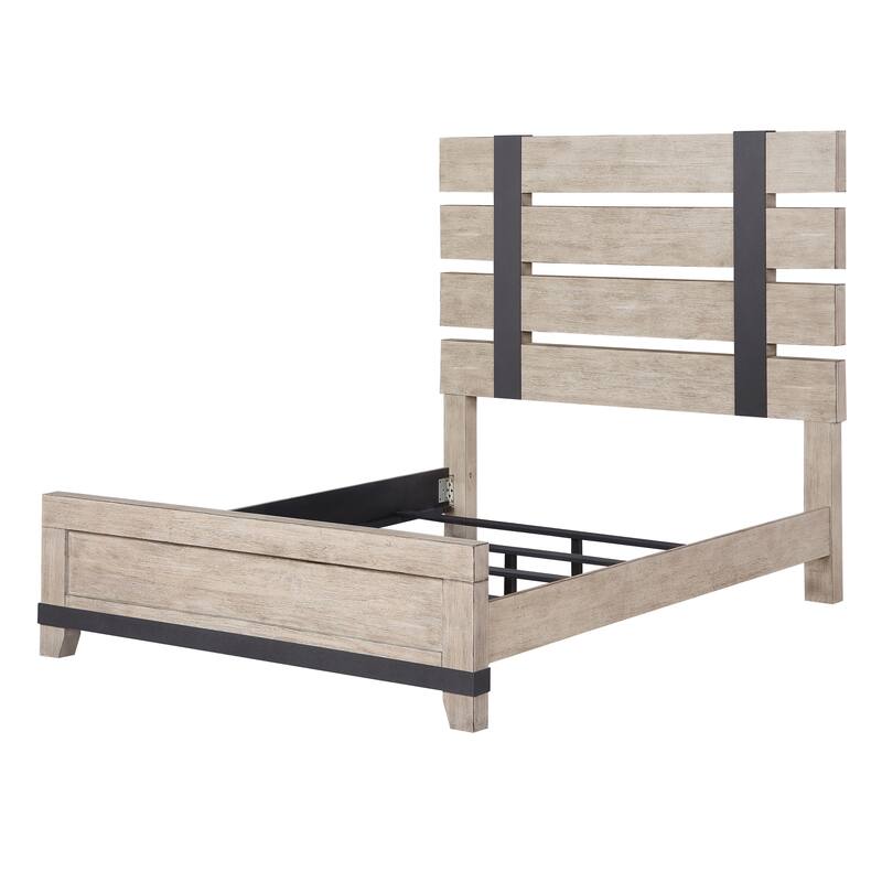 Roundhill Furniture Arbela Wood Slatted Panel Bed with Dresser, Mirror, and Two Nightstands, Weathered Oak Finish