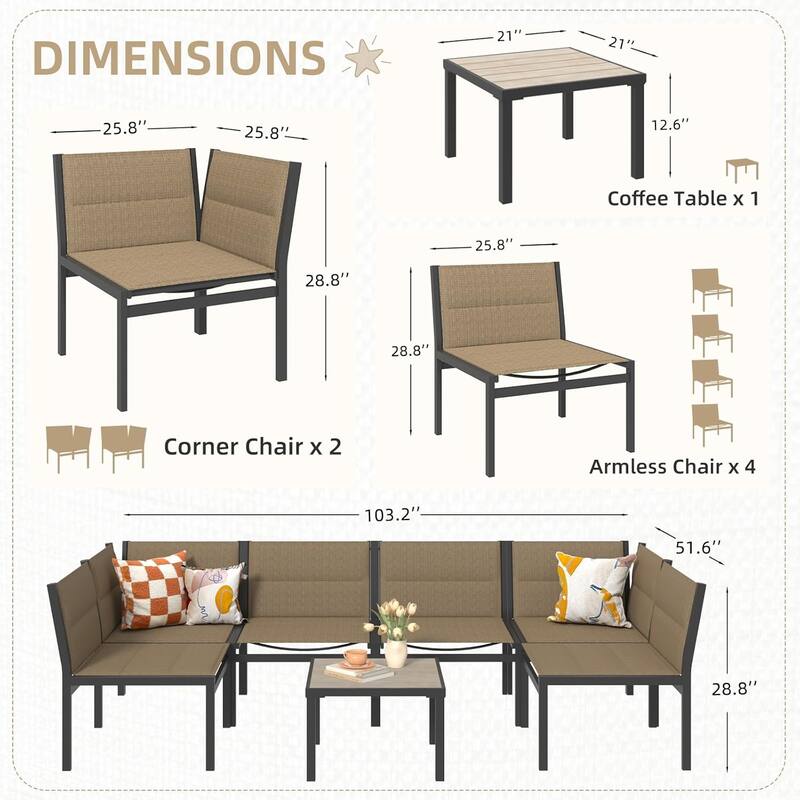 AECOJOY 7 Pieces Cotton-Filled Textilene Fabric Outdoor Conversation Sets with Coffee Table, Patio Sectional Furniture Set