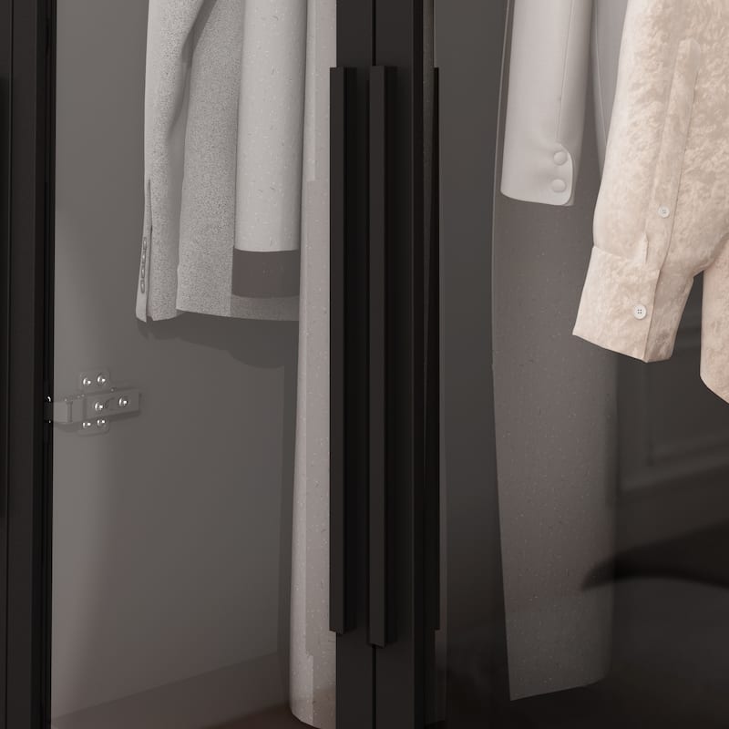 47.2" Wide Armoire LED Light All Glass Door Closet Cabinet Wardrobe