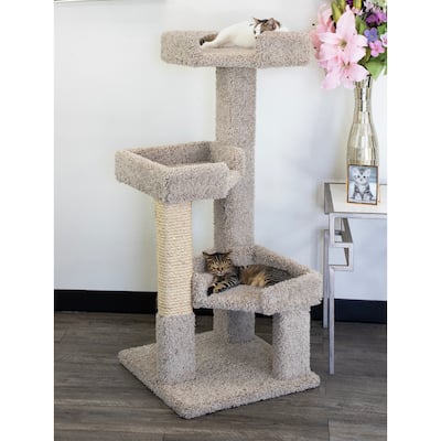 3-Level Solid Wood and Carpet Cat Tree with Deep Perches and Large Sisal Rope Scratching Post for Healthy Claw Care