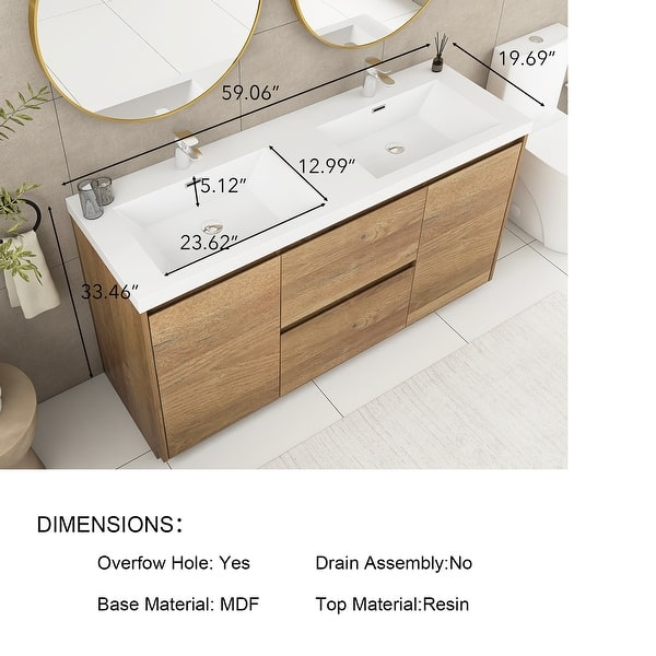 dimension image slide 1 of 3, Floating Bathroom Vanity with Integrated Resin Top