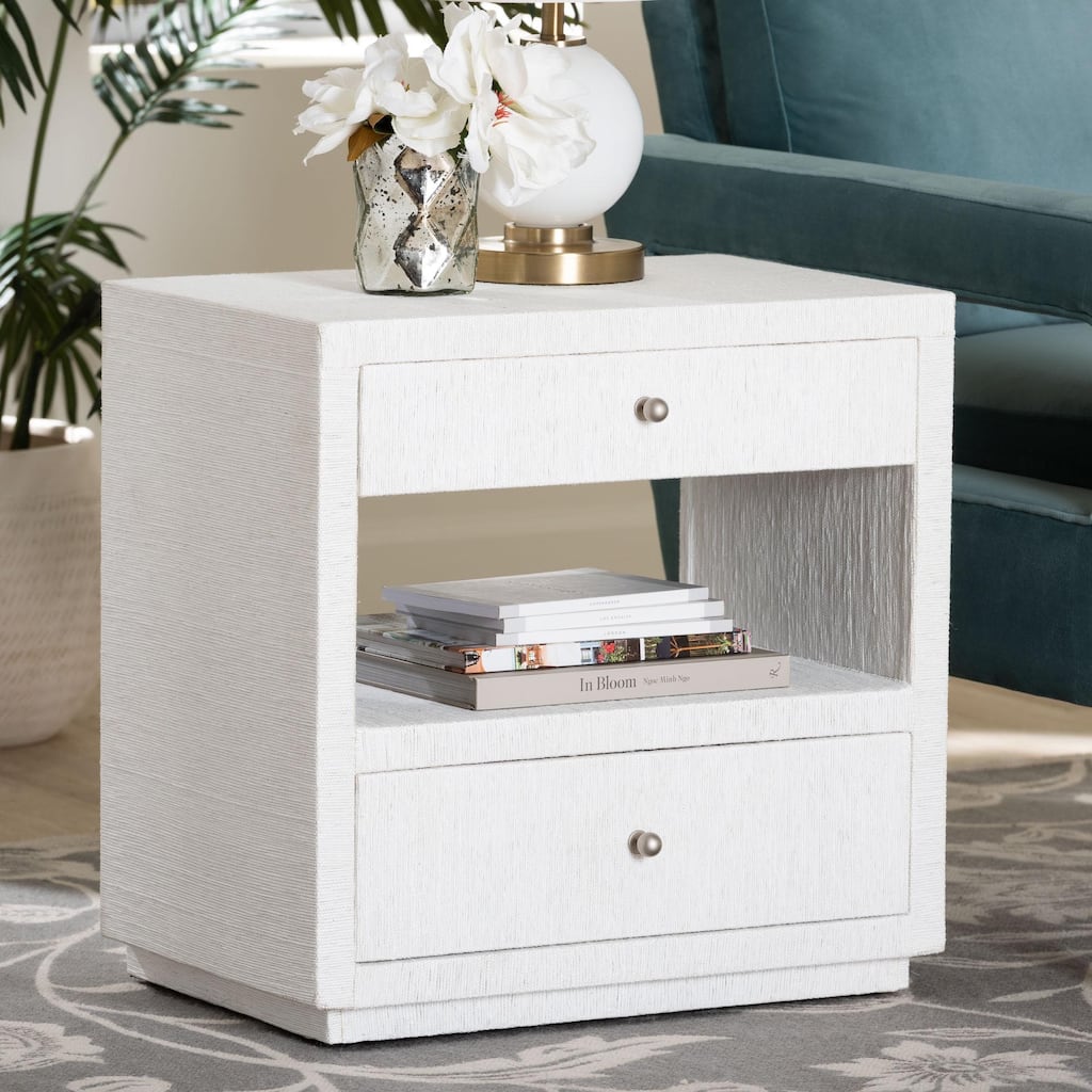 Kai Grasscloth End Table - 2-Drawer Accent Table or Nightstand with Open Shelf, Handwoven Decor for Bedroom or Living Room