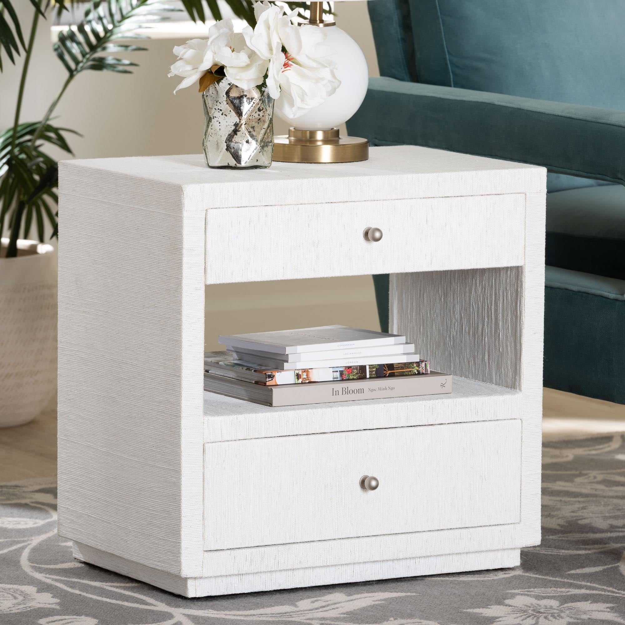 Kai Grasscloth End Table - 2-Drawer Accent Table or Nightstand with Open Shelf, Handwoven Decor for Bedroom or Living Room