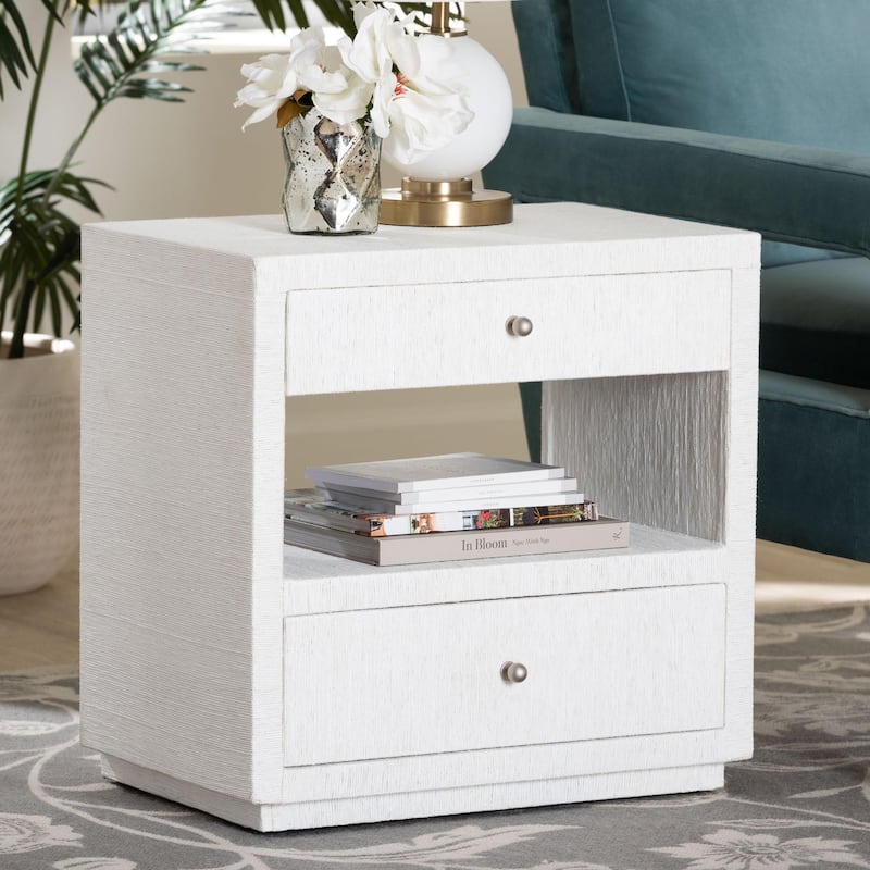 Kai Grasscloth End Table - 2-Drawer Accent Table or Nightstand with Open Shelf, Handwoven Decor for Bedroom or Living Room