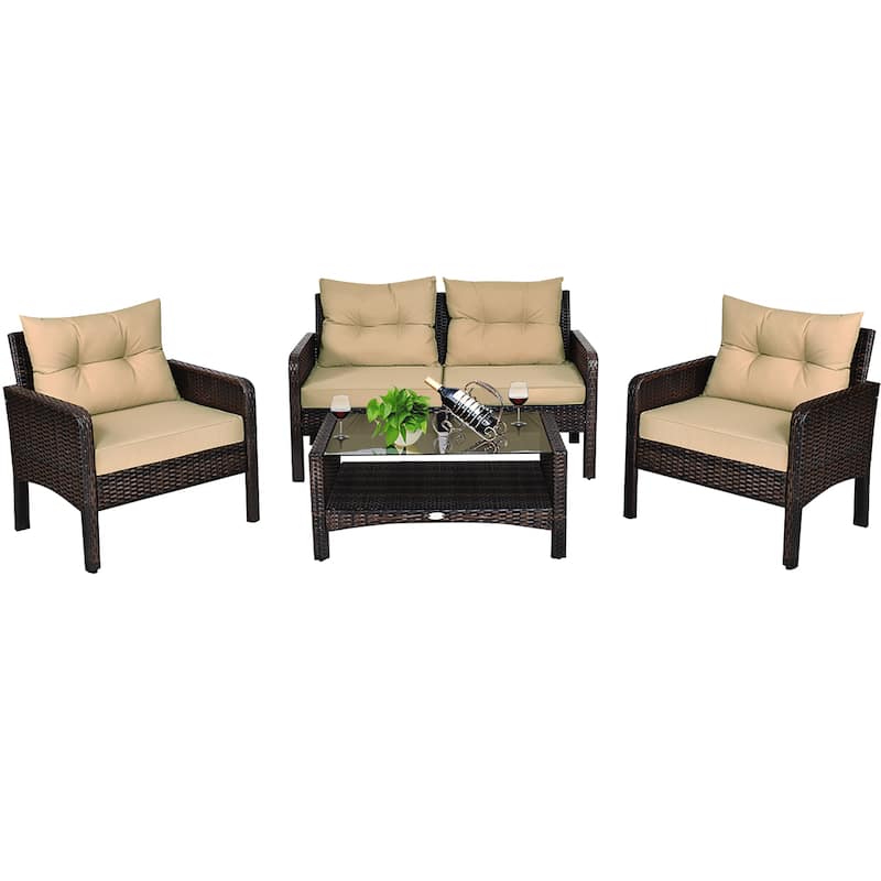 4PCS Patio Rattan Conversation Furniture Set Outdoor Wicker Sofa Set