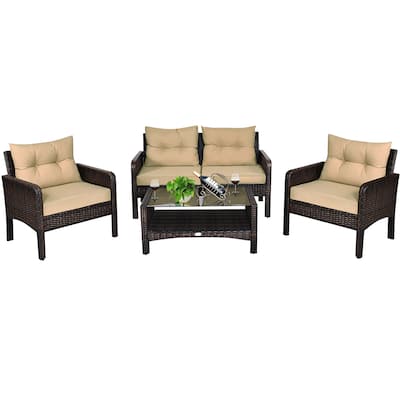4PCS Patio Rattan Conversation Furniture Set Outdoor Wicker Sofa Set
