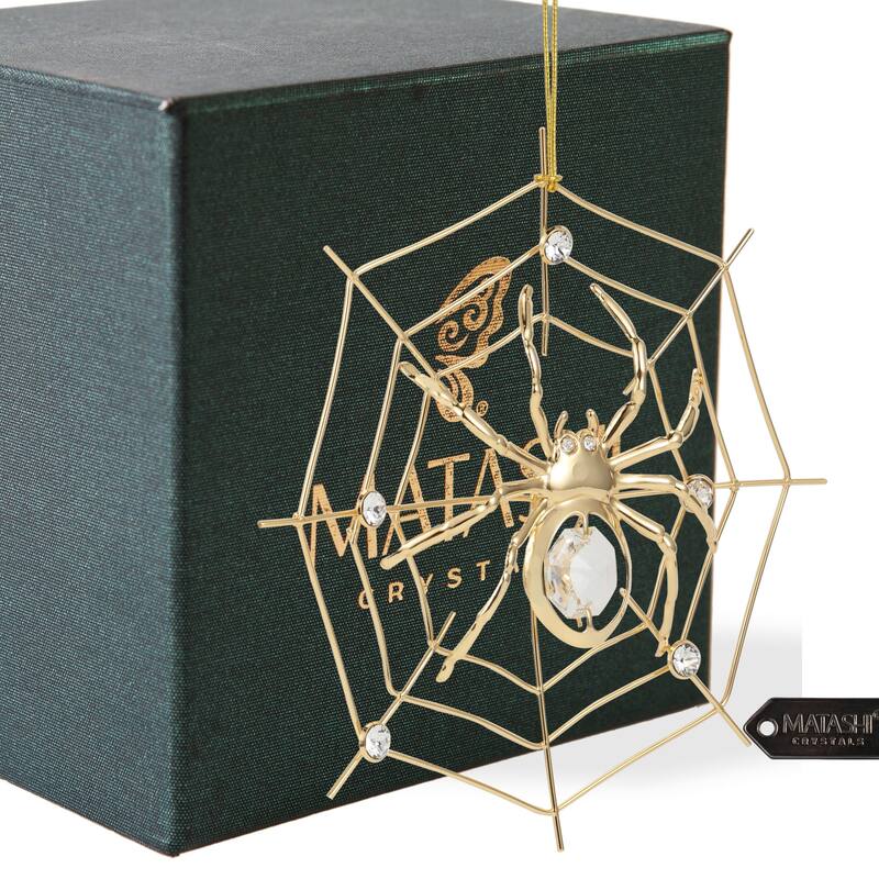 Matashi 24K Gold Plated Crystal Studded Spider Hanging Ornaments for Christmas Tree Tinsel Legend Spider on Web Ornament