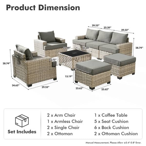 dimension image slide 4 of 8, XIZZI 8-Piece Patio Wicker Furniture Conversation Set with Coffee Table