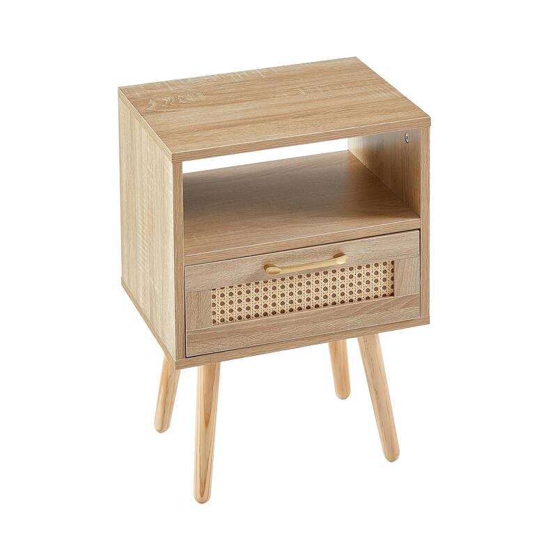 15.75" Rattan End table with drawer and solid wood legs, Modern nightstand, side table