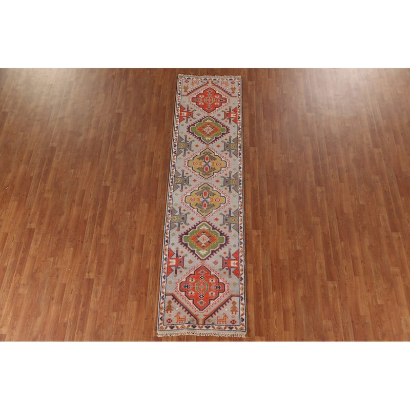 Geometric Green Kazak Indian Runner Rug Handmade Wool Carpet - 2'7"x 9'1"