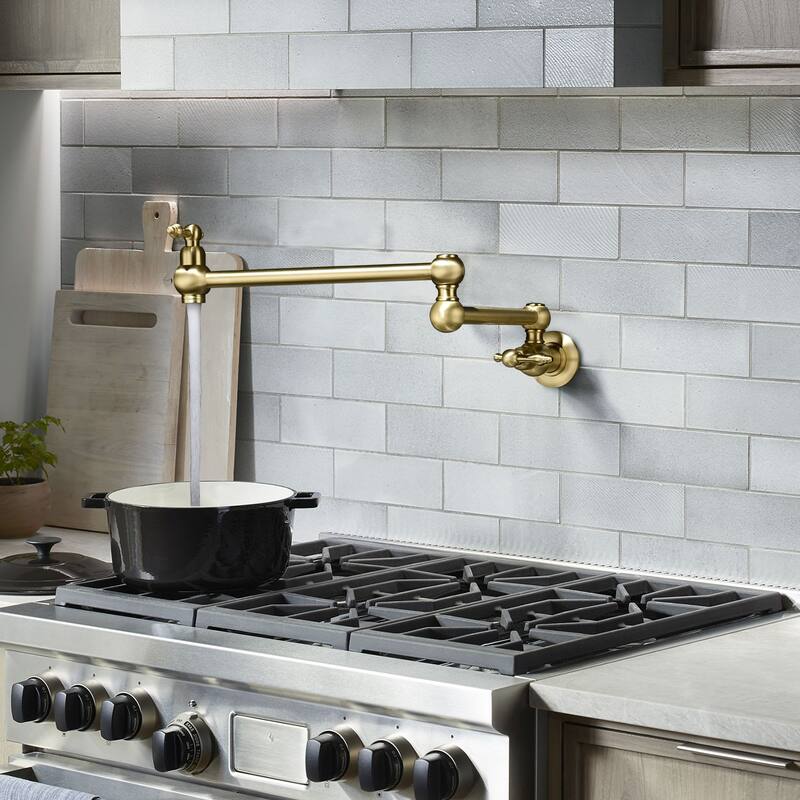 YASINU Traditional Double Handle Wall Mount Kitchen Pot Filler Faucet in Brushed Gold