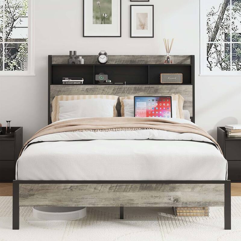 Wooden Platform Bed with Storage and 2 USBs,Large Under-Bed Storage