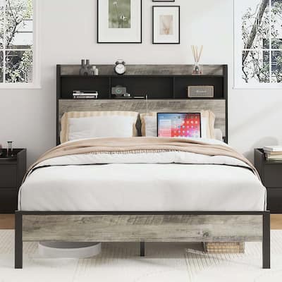 Wooden Platform Bed with Storage and 2 USBs,Large Under-Bed Storage