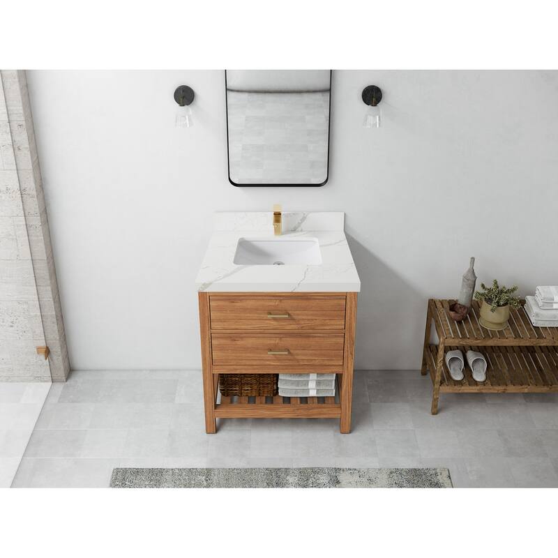 Willow Collections 30 in. W x 22 in. D Parker Solid Teak Single Sink Bathroom Vanity with Countertop - 2"Calacatta Laza - Golden Teak