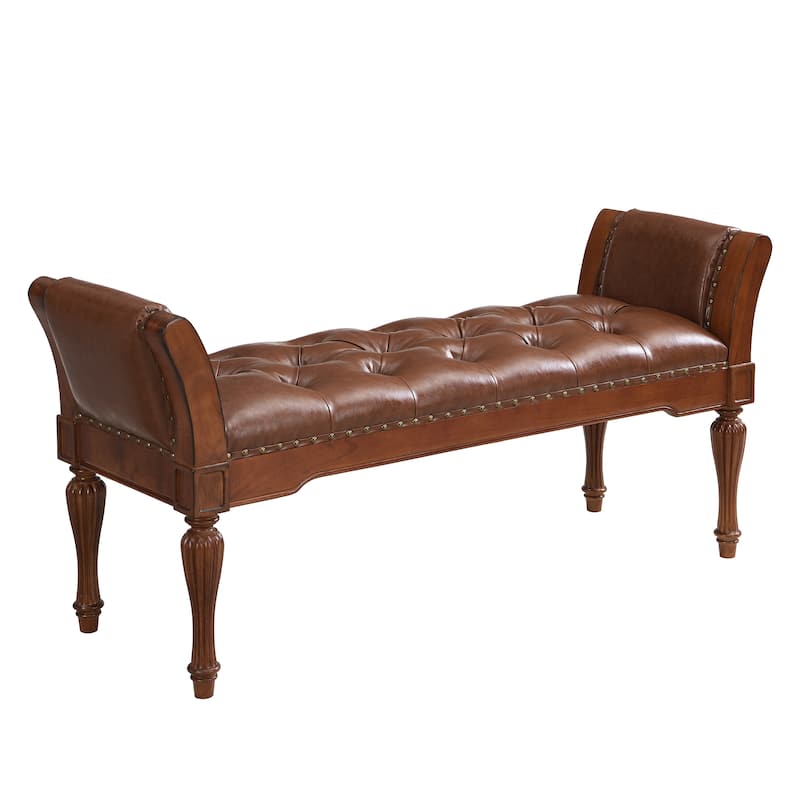 Christopher Knight Home - Mid-Century Classic Sleek Button-Tufted PU Leather Upholstered End-of-Bed Bench with Rolled Arms