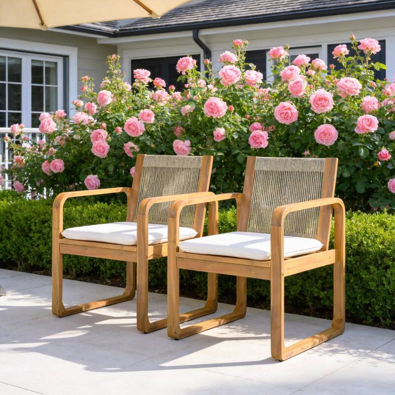 Christopher Knight Home - Outdoor Acacia Wood Dining Chairs Set with Rope Back and Water-Resistant Cushion - Set of 2-Light Teak Finish+Beige