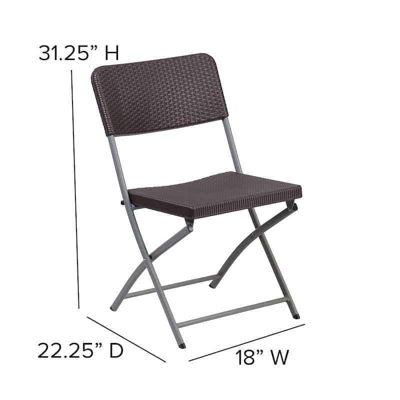 2 Pack Brown Faux Rattan Plastic Folding Chair with Gray Frame - Event Chair