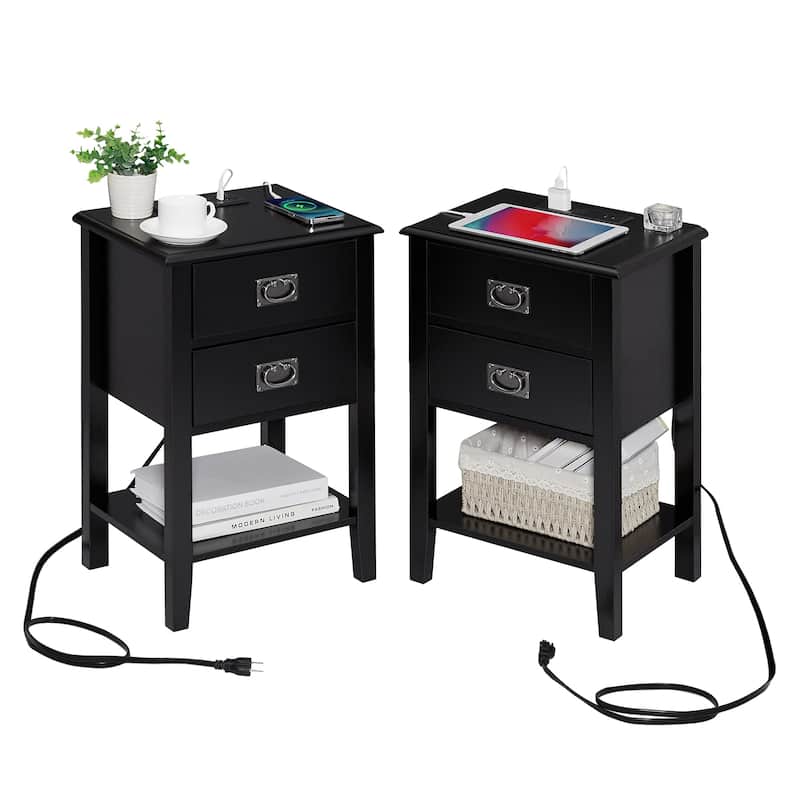 VECELO Mid Century Modern Nightstand Set of 2 (Choose 1 or 2 Drawers) with Charging Station 2 AC Outlets & 2 USB Ports