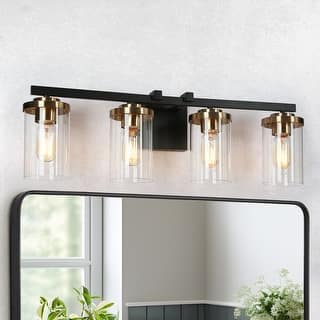 Modern Farmhouse 4-Light Black Gold Linear Bathroom Vanity Light Cylinder Glass Wall Sconce