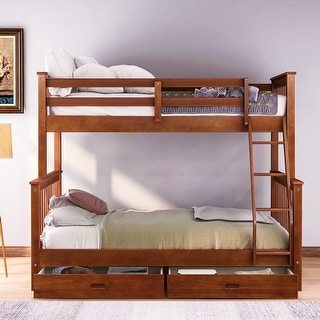 Twin-Over-Full Bunk Bed with Ladders and Two Storage Drawers(Can Be Separated), Walnut
