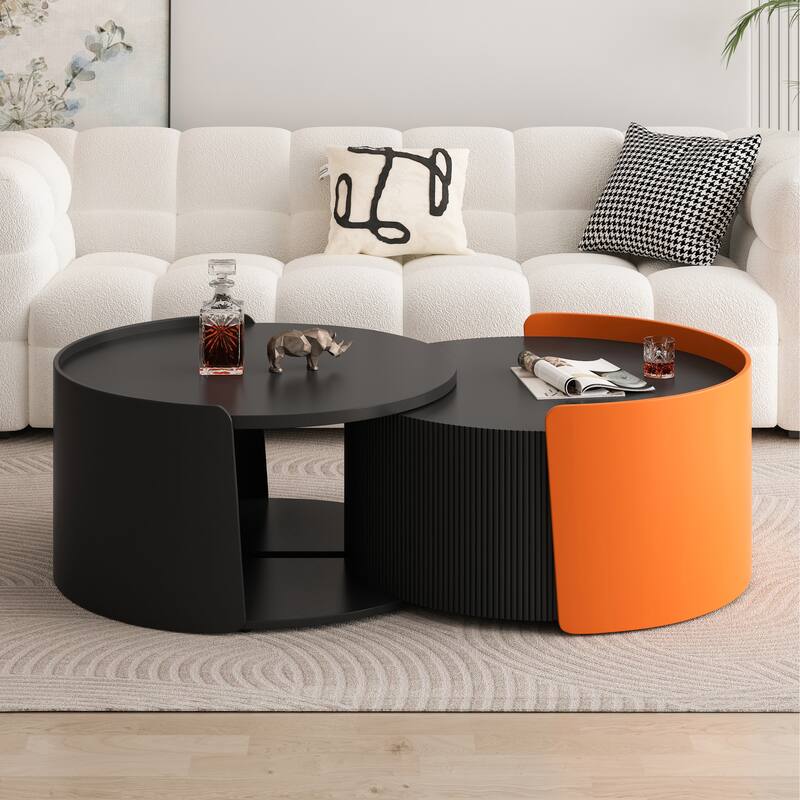 Anmytek Space Saving Round Nesting Coffee Table Extendable Sliding Top No Assembly Black - MDF - Black
