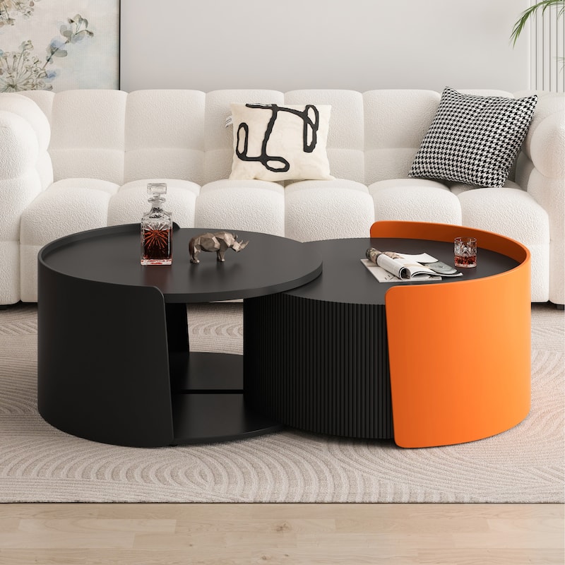 Modern Nesting Coffee Table Side Table with Retractable Sliding Tabletop and Storage Cabinet, for Living Room, Black - Black