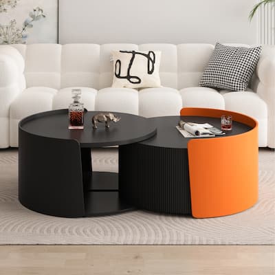 Modern Nesting Coffee Table Side Table with Retractable Sliding Tabletop and Storage Cabinet, for Living Room, Black