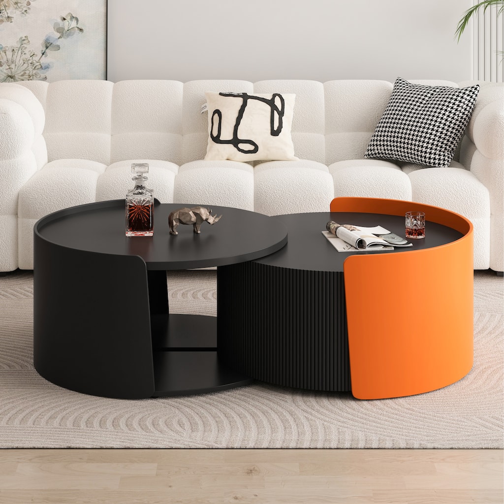 Modern Nesting Coffee Table Side Table with Retractable Sliding Tabletop and Storage Cabinet, for Living Room, Black