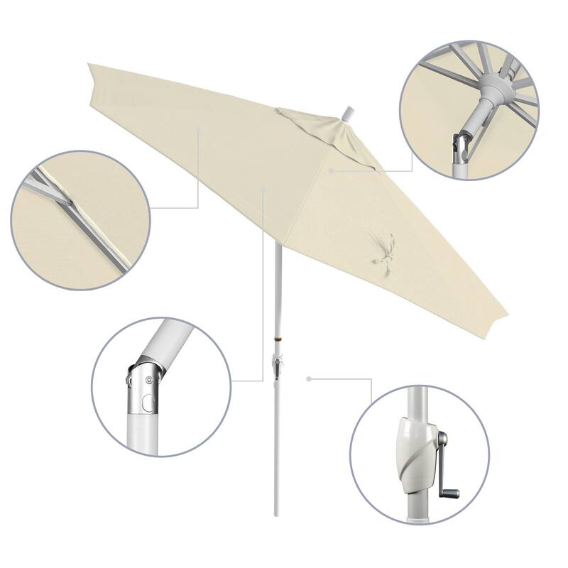 California Umbrella 9' Rd. Aluminum Patio Umbrella, Crank Lift with Push Button Tilt, White Finish, Pacifica Fabric