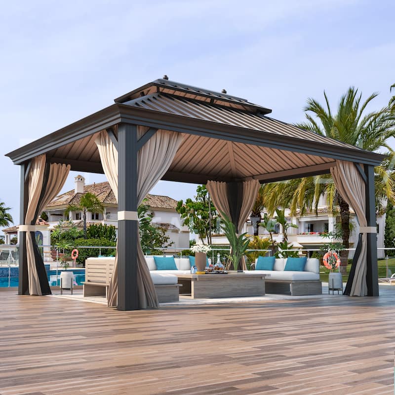 EROMMY 12x16 Outdoor Pergola with Galvanized Steel Roof, Aluminum Frame, and Vertical Rain Gutters - 12' x 16'