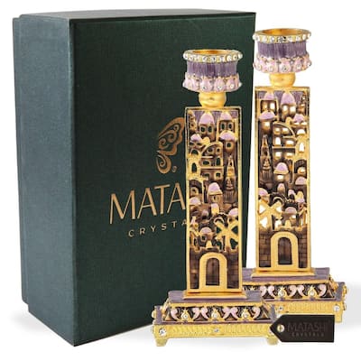 Matashi Shabbat Candlestick (2-Piece Set) Hand-Painted, Gold-Plated Pewter Adorned w/ City Wall, Personal or Religious Enjoyment