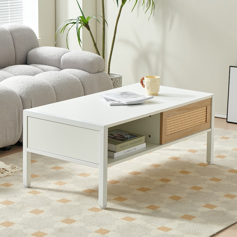 40.16" Rattan Coffee table, sliding door for storage, metal legs, Modern table for living room - White