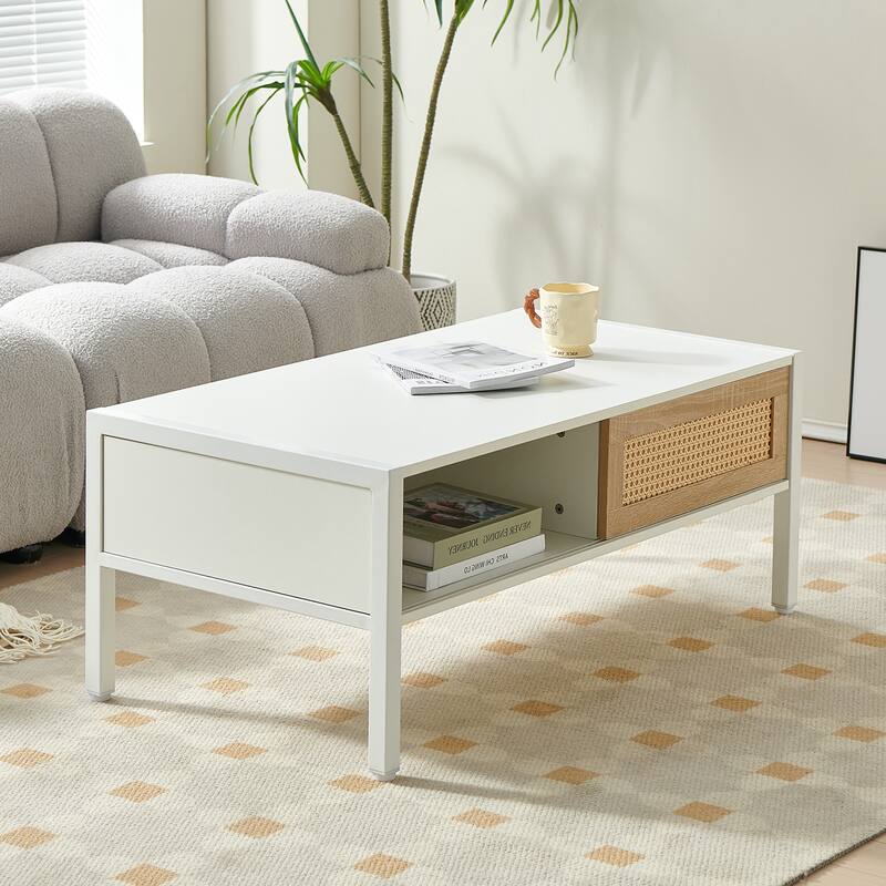 40.16"Rattan Coffee table,sliding door for storage,metal legs,Modern table for living room - White