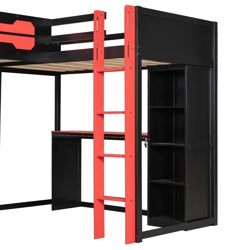 L-Shaped Twin Gaming Bed with RGB Lights, Dual Bed Frame with USB, TV Stand & Reversible Layout