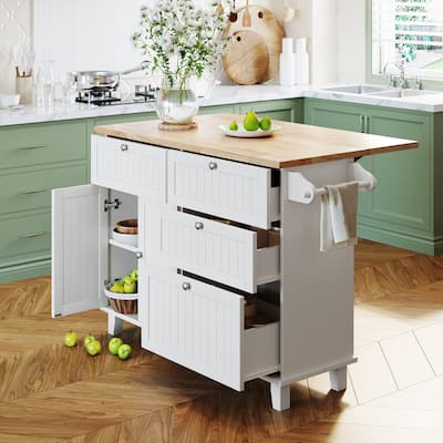 3-piece Drop Leaf Kitchen Island Set with 2 Seatings and Towel Rack