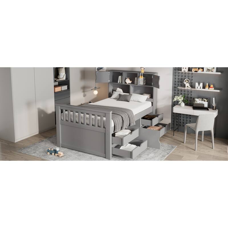 Roomfitters Twin Captain Platform Bed with Bookshelf Headboard and 4 Drawers