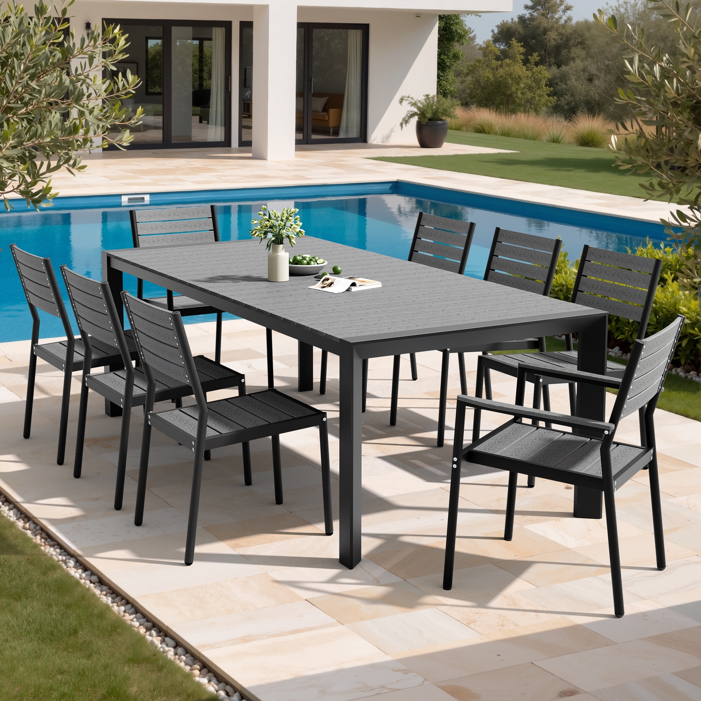 Set of 9 Outdoor Patio Dining Set WoodLike Table Top Aluminum Rectangular Umbrella Hole Table with Stackable Chairs Set