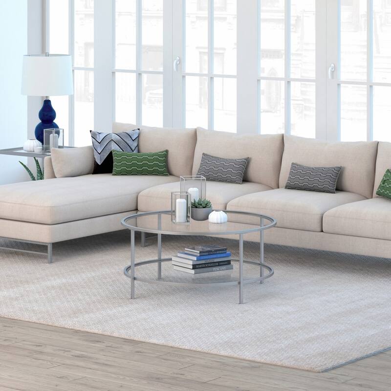 36" Modern Round Coffee Table with Glass Top and Shelf for Living Room or Bedroom - 36"L x 36"W x 17"H