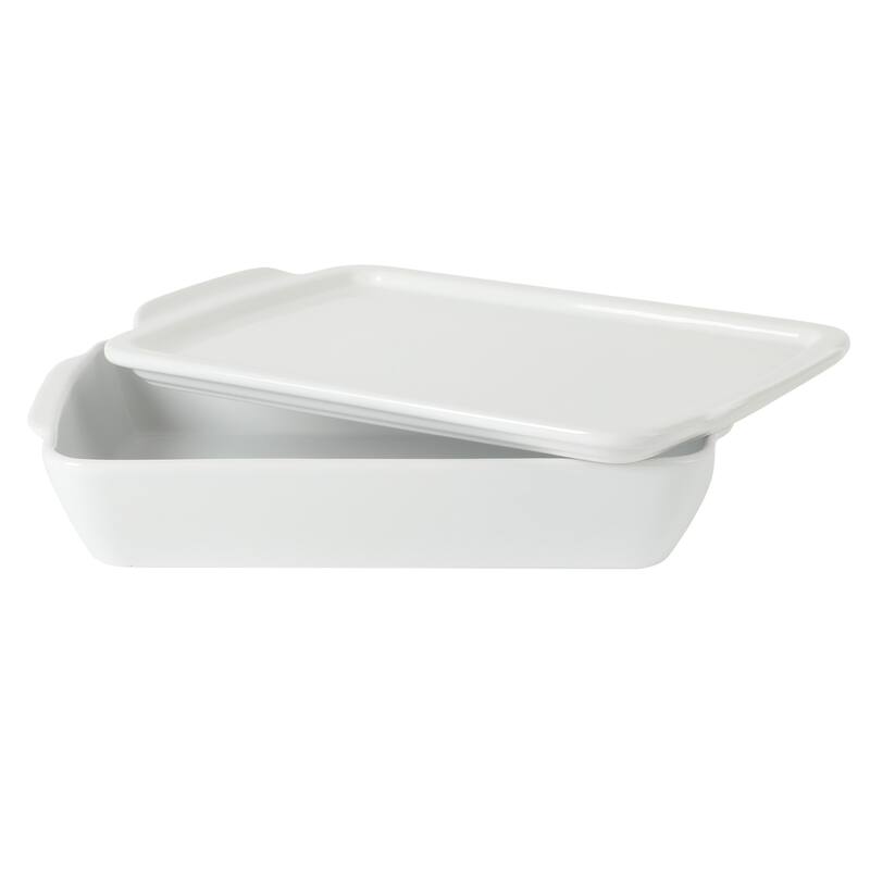 Gibson Home Gracious Dining 2.6Qt with Lid or 2.5Qt White Stoneware Baking Dish with Multi-Purpose Lid - Rectangular