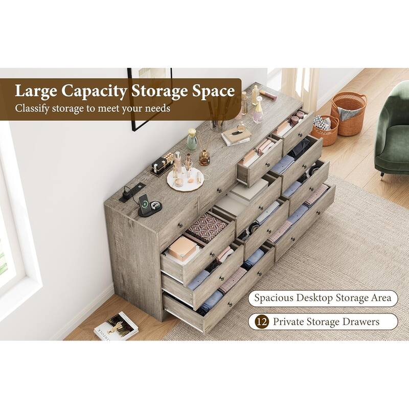 12 Drawer Dresser for Bedroom, 61 Inch Wood Dresser with Power Outlet
