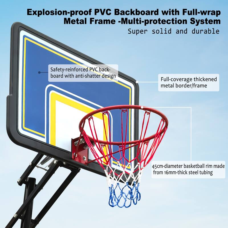 Portable Basketball Hoop with Adjustable Height and Steel Frame PC Backboard for Outdoor Use - 44 x 27.56" (L x W)