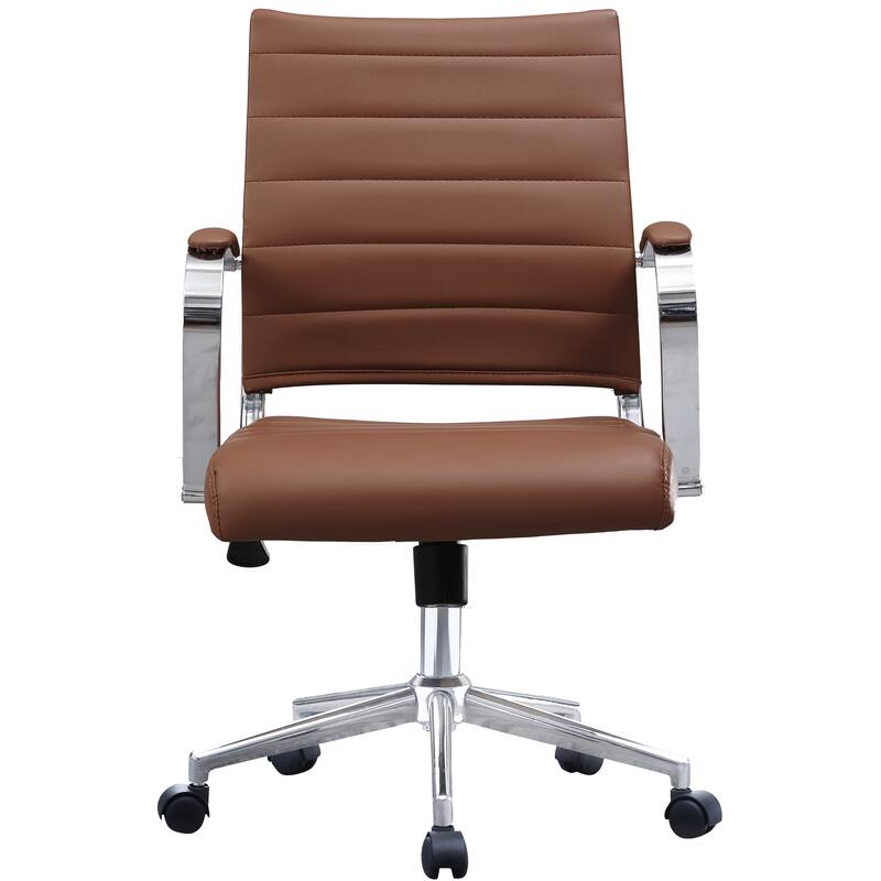 Modern Office Desk Chair Mid Back Ribbed PU Leather Armless Conference Task Chair with Padded Foam Seat, Tan
