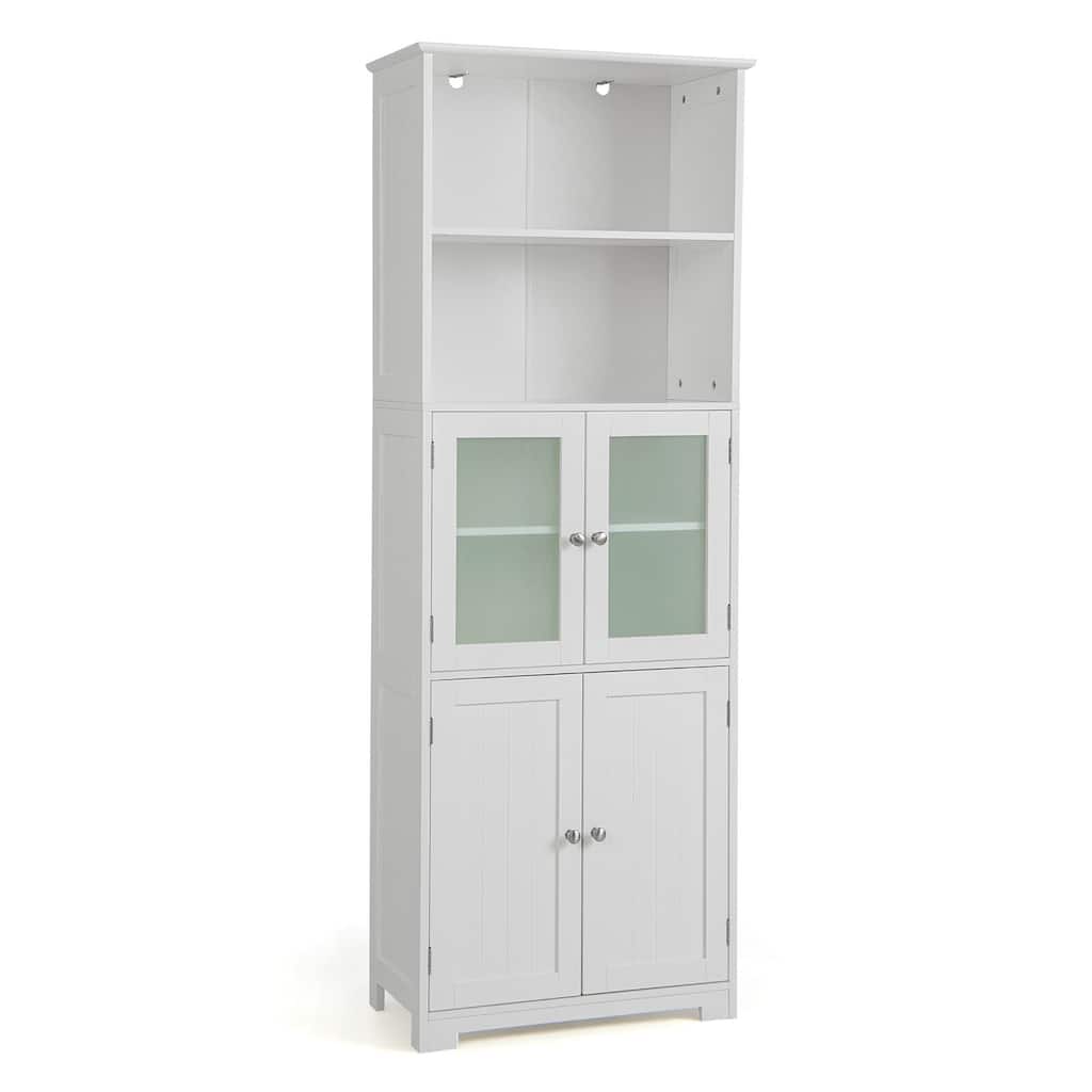 Gymax Bathroom Tall Storage Cabinet Linen Tower w/ Glass Door &