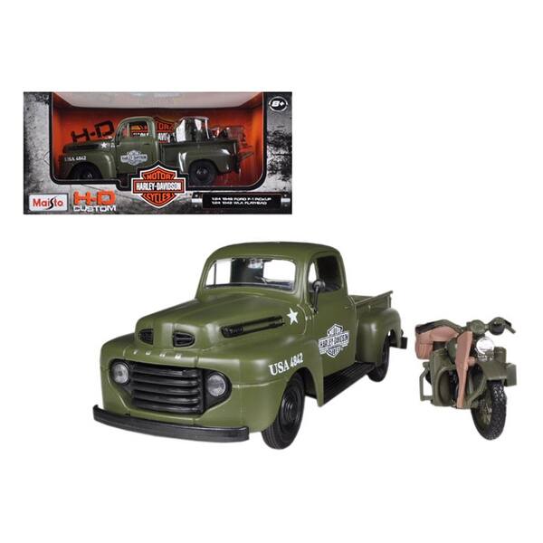 Shop 1948 Ford F 1 Pickup Truck Harley Davidson Flat Green With 1942 Harley Davidson Wla Flathead Motorcycle 1 25 By Maisto On Sale Overstock 15622600