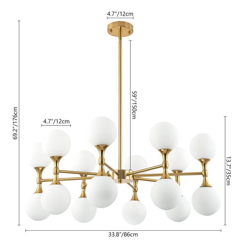 16-Light Modern Glam Linear Sputnik 2-Tiered Frosted Opal Glass Globe Bubble Chandelier for Living/Dining Room
