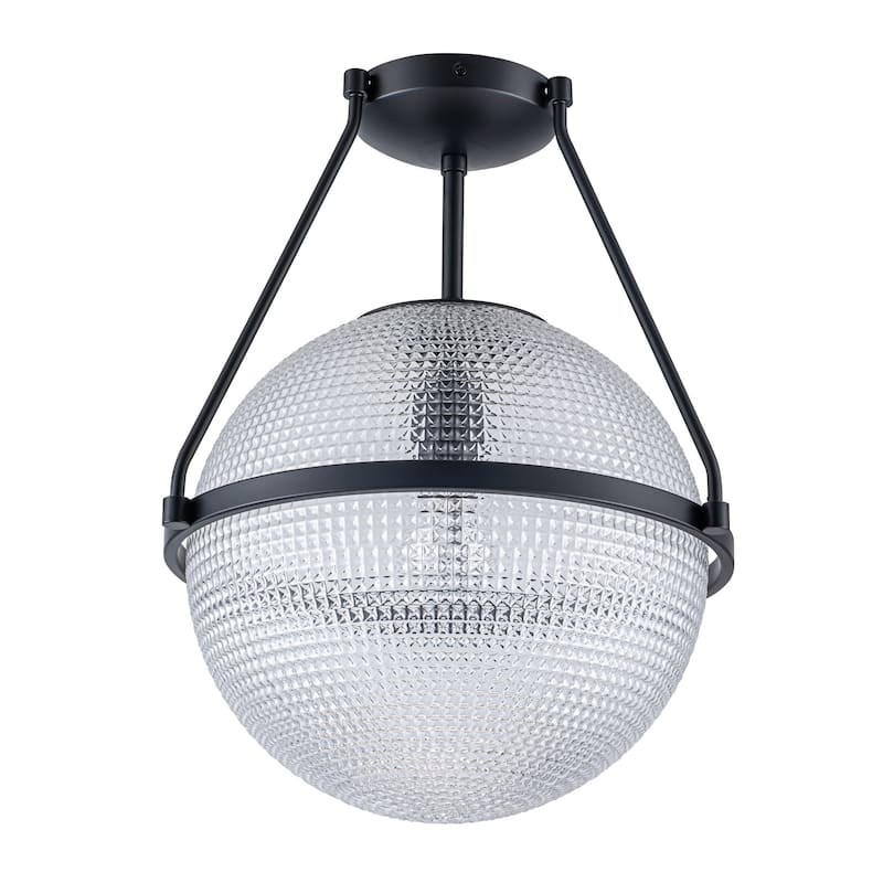 1-Light 14.17" Black/Gold Modern Textured Grid Glass Globe Semi-Flush Mount Light