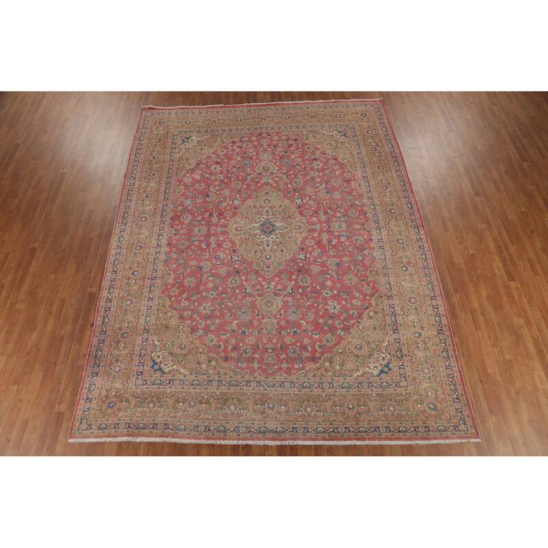 Traditional Pink Mashad Persian Vintage Rug Hand-Knotted Wool Carpet - 9'5"x 12'5"