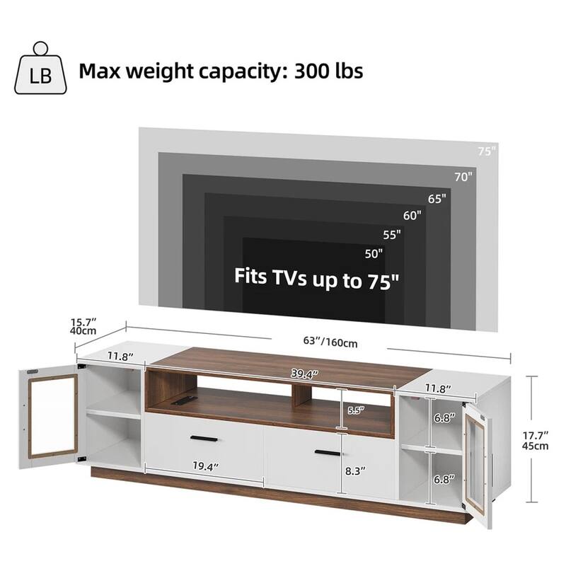 TV Stand for 50 to 70 Inch TV W/ Power Outlet & Led Lights White - 62 inches
