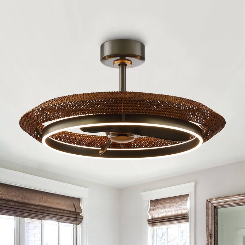 33" Coastal Brown Woven Rattan 3-Blade Fandelier Ceiling Fan with Light and Remote