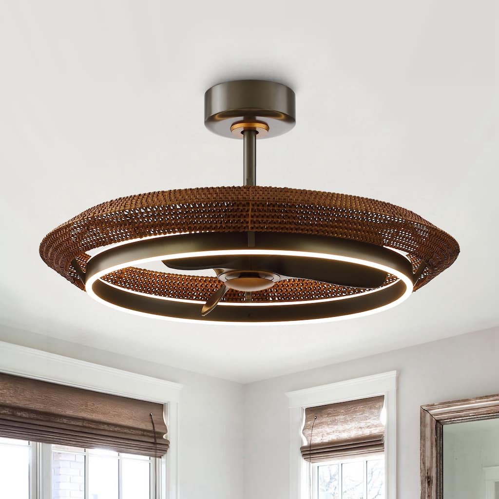 33" Coastal Brown Woven Rattan 3-Blade Fandelier Ceiling Fan with Light and Remote